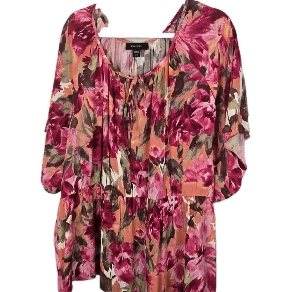 Karen Kane Vibrant Floral Blouse Sz 3X Pink Orange BOHO peasant Hippie Cottage